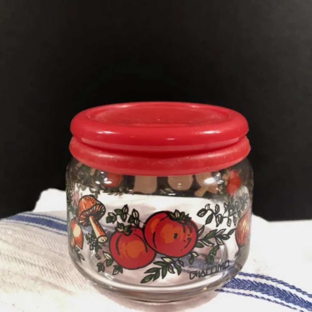 Red-Lid Glass Food Storage Jar with Tomato & Mushroom Design